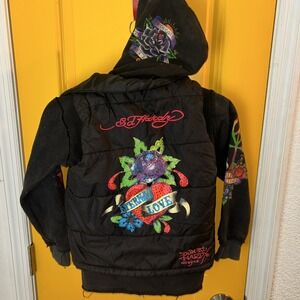 Vintage Y2K Ed Hardy Eternal Love Hoodie Vest Youth Girls‎ 10 Medium Distressed
